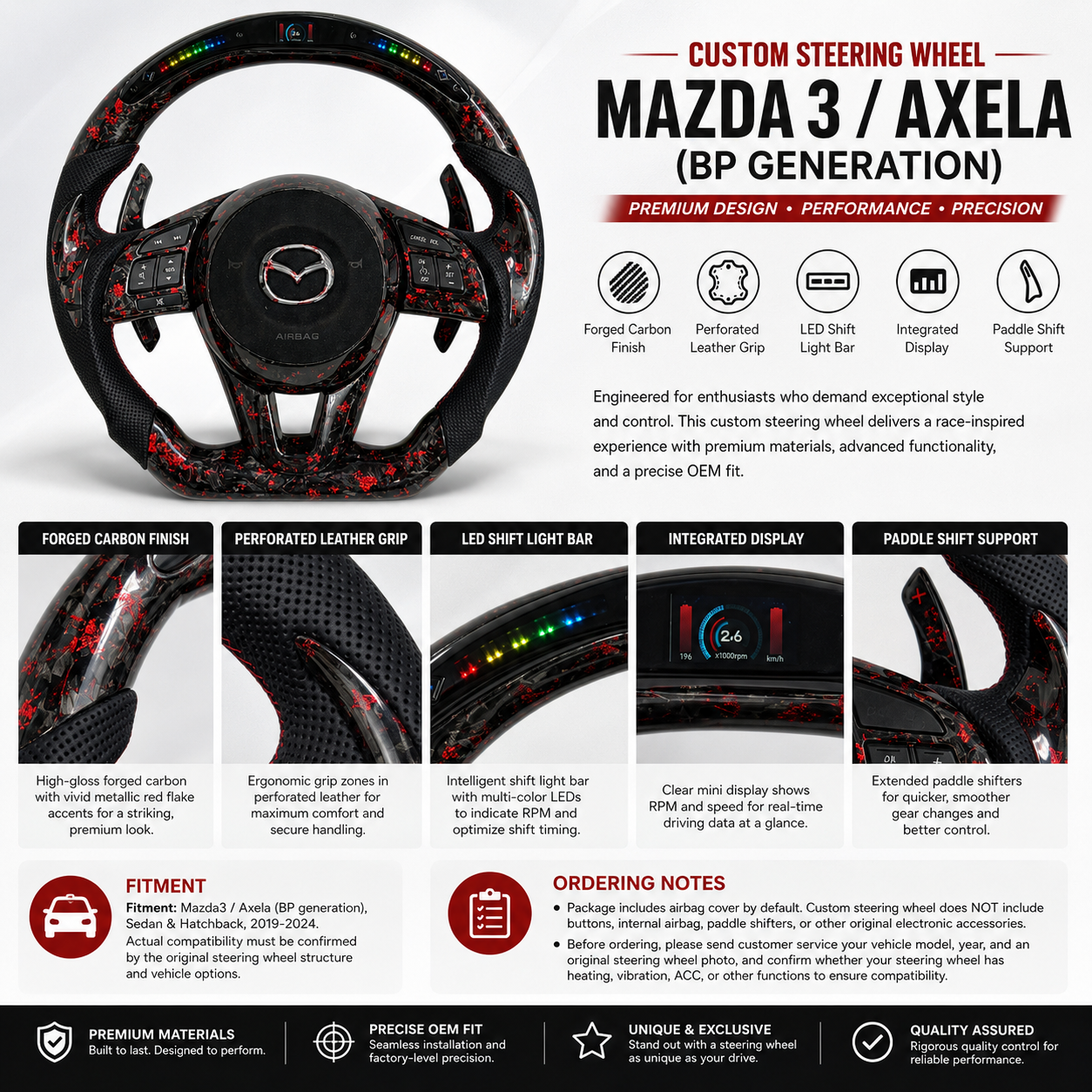 Custom Mazda 3 Axela steering wheel product detail image with forged carbon red flakes LED shift light bar perforated leather grip and paddle shifters