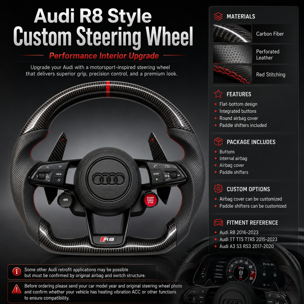 Audi R8 style steering wheel product detail display featuring carbon fiber perforated leather red stitching flat bottom shape multifunction buttons and paddle shifters compatible with Audi A1 A3 A4 A5 A6 A7 C6 C7 S3 S4 S5 S7 Q3 Q5 Q7 SQ5 RS RS3 RS5 RS6 B8 B9 8P 8V R8 TT
