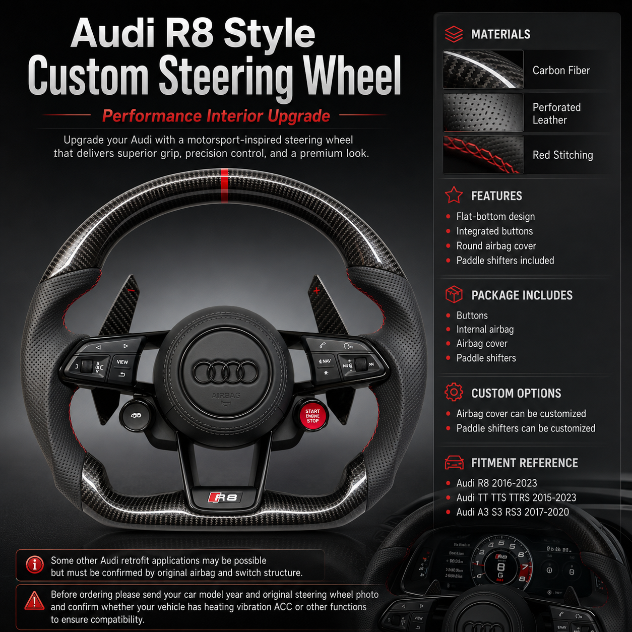 Audi R8 style steering wheel product detail display featuring carbon fiber perforated leather red stitching flat bottom shape multifunction buttons and paddle shifters compatible with Audi A1 A3 A4 A5 A6 A7 C6 C7 S3 S4 S5 S7 Q3 Q5 Q7 SQ5 RS RS3 RS5 RS6 B8 B9 8P 8V R8 TT