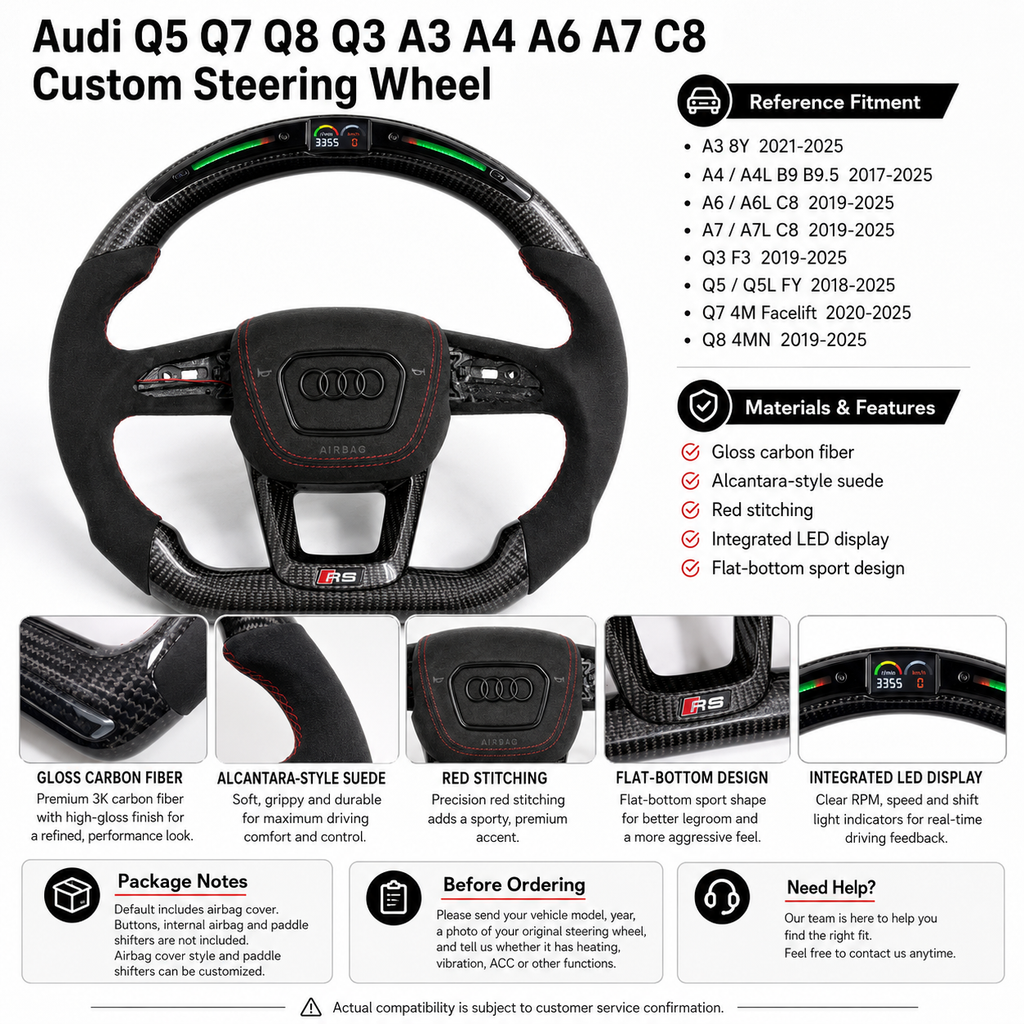 Audi custom steering wheel detail display with LED screen carbon fiber flat bottom design and Alcantara grips for A3 A4 A6 A7 Q3 Q5 Q7 Q8