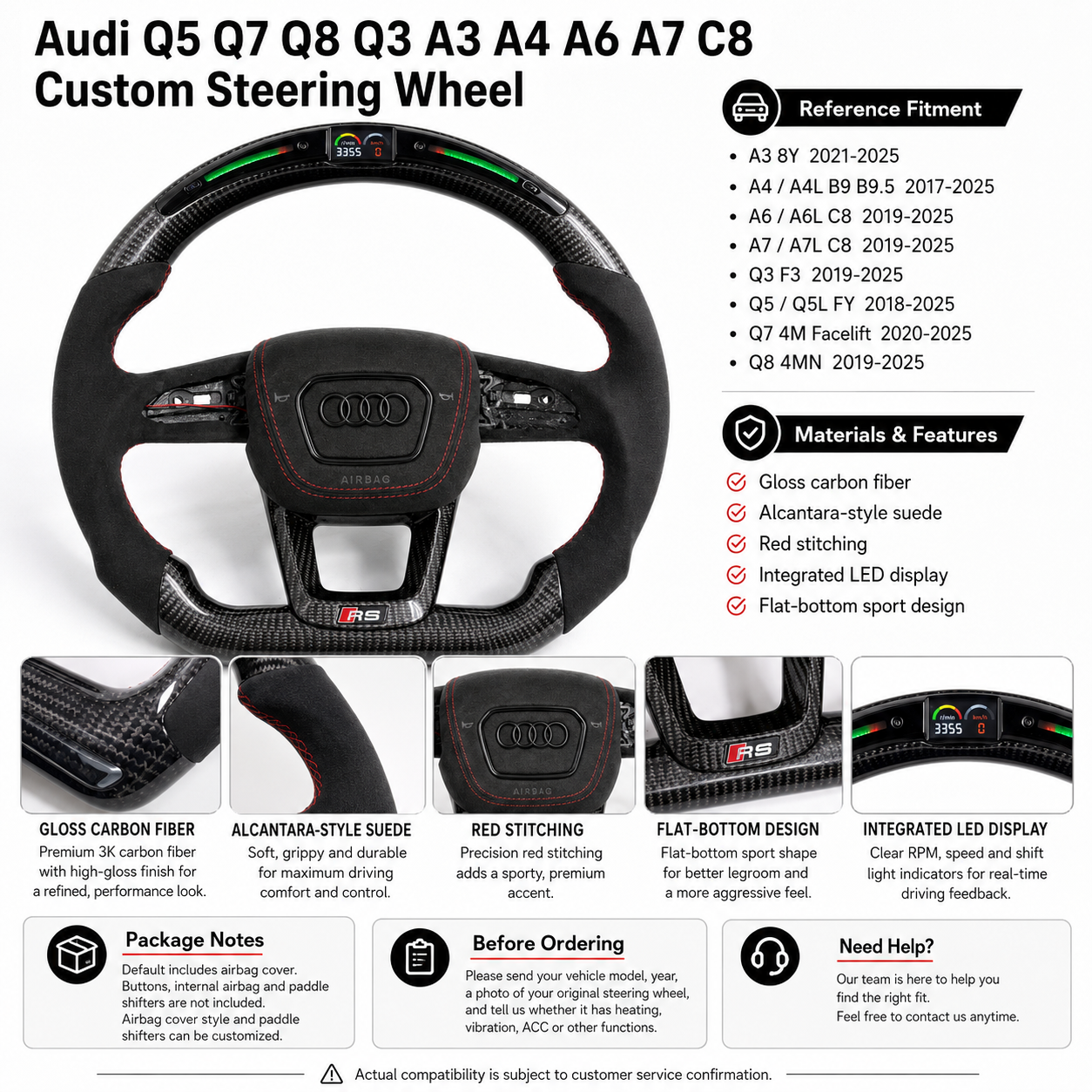 Audi custom steering wheel detail display with LED screen carbon fiber flat bottom design and Alcantara grips for A3 A4 A6 A7 Q3 Q5 Q7 Q8