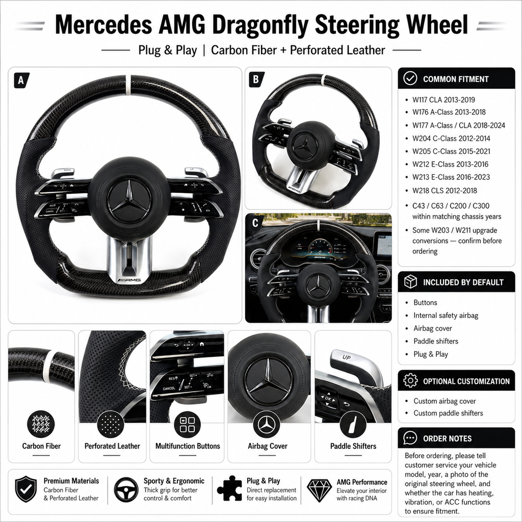 Mercedes AMG W176 W177 2013-2024 Dragonfly steering wheel detail sheet with carbon fiber by CJ Mod Garage