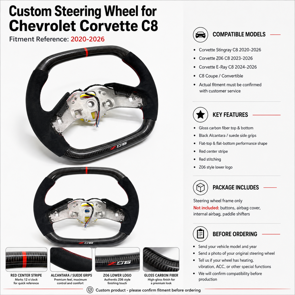 custom steering wheel for Chevrolet Corvette C8 product detail image with gloss carbon fiber black suede grips red center stripe red stitching Z06 lower logo and fitment notes