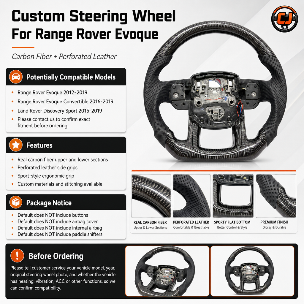 Product detail poster for custom carbon fiber steering wheel for Range Rover Evoque and Land Rover Discovery Sport with fitment, material features and package notice