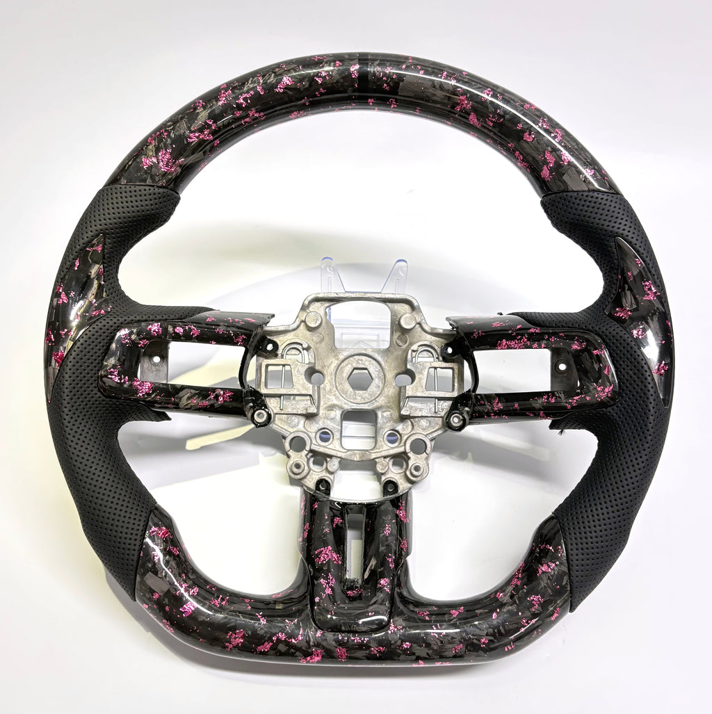 FOR Ford Mustang S550/GT 2015-2023 Carbon Fiber Steering Wheel - Pink Forged Carbon Fiber & Black Perforated Leather - CJ Mod Garage &