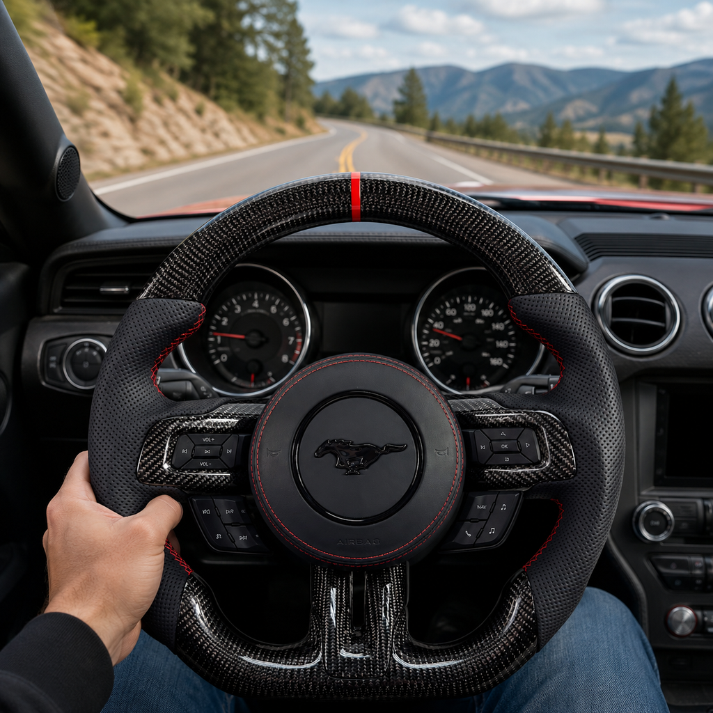 FOR Ford Mustang S550/GT 2015-2023 Carbon Fiber Steering Wheel, Black Carbon Fiber & Black Perforated Leather & Airbag Cover & Red Stripes - CJ Mod Garage & Driving Scene Images