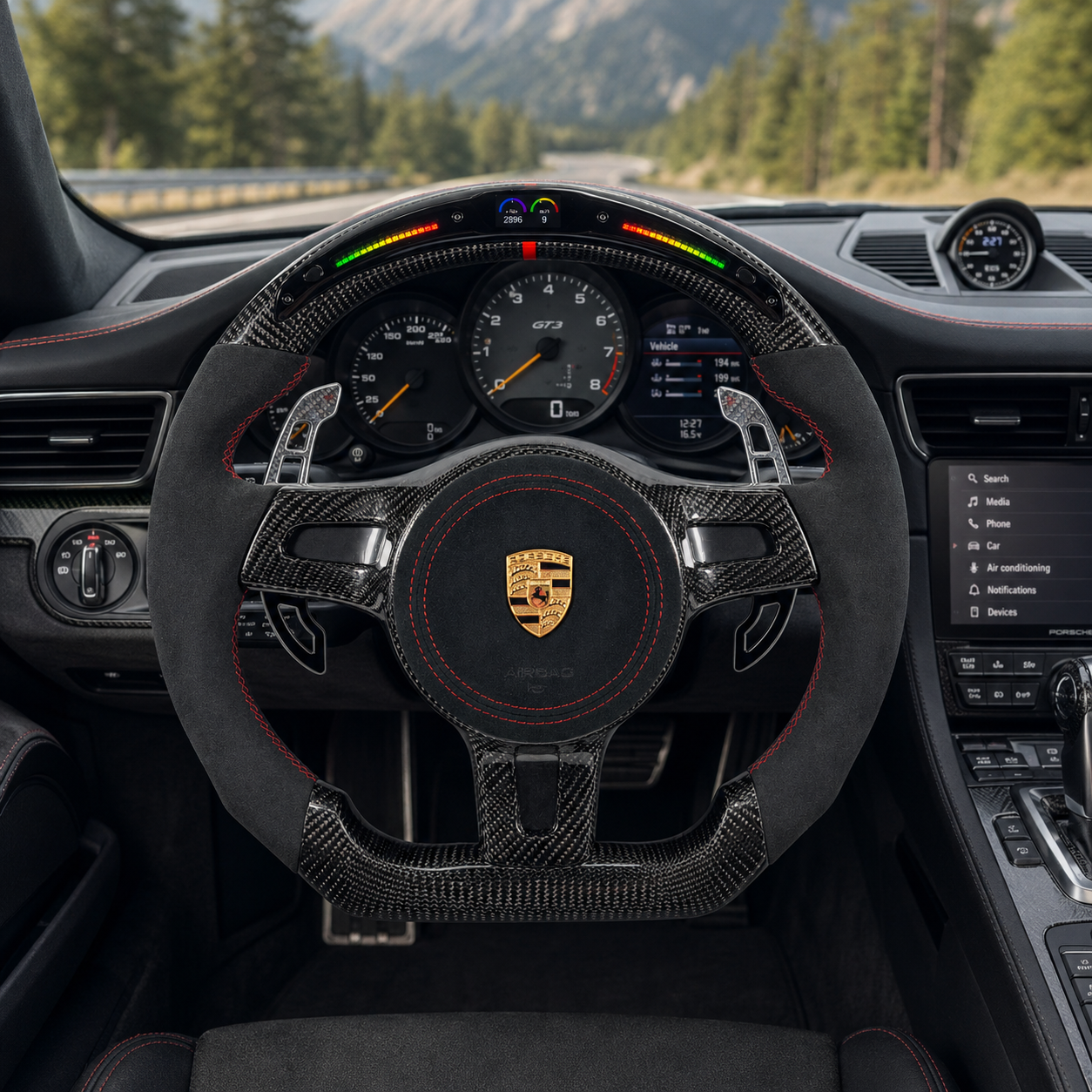 Custom Porsche GT Style Steering Wheel with Carbon Fiber Frame Alcantara Grips LED RPM Display and Performance Paddle Shifters for Taycan 2020 2024 Cayman 987 981 CJ Mod Garage