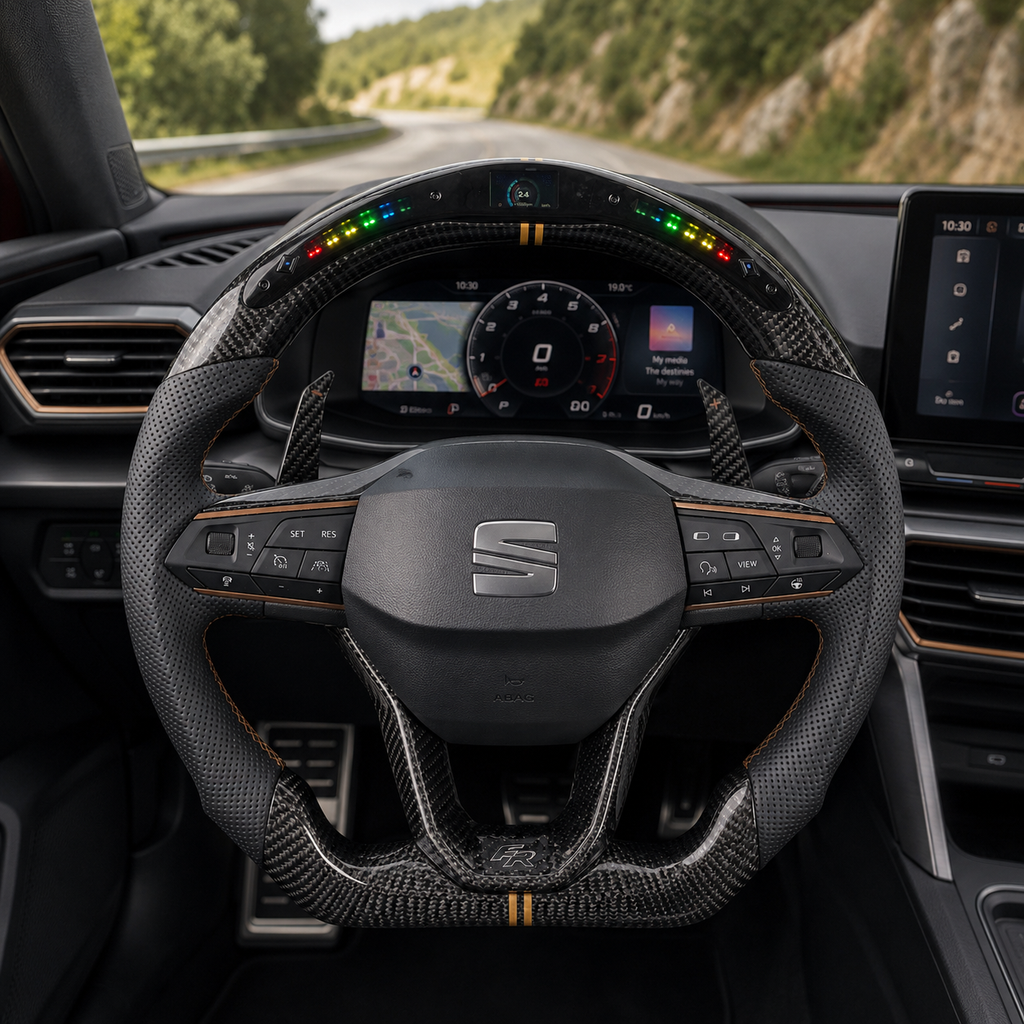 Custom Seat Leon MK4 carbon fiber steering wheel with perforated leather grips LED shift light display and forged style paddle shifters by CJ Mod Garage