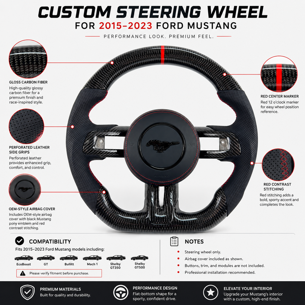 FOR Ford Mustang S550/GT 2015-2023 Carbon Fiber Steering Wheel, Black Carbon Fiber & Black Perforated Leather & Airbag Cover & Red Stripes - CJ Mod Garage & Product Details Image