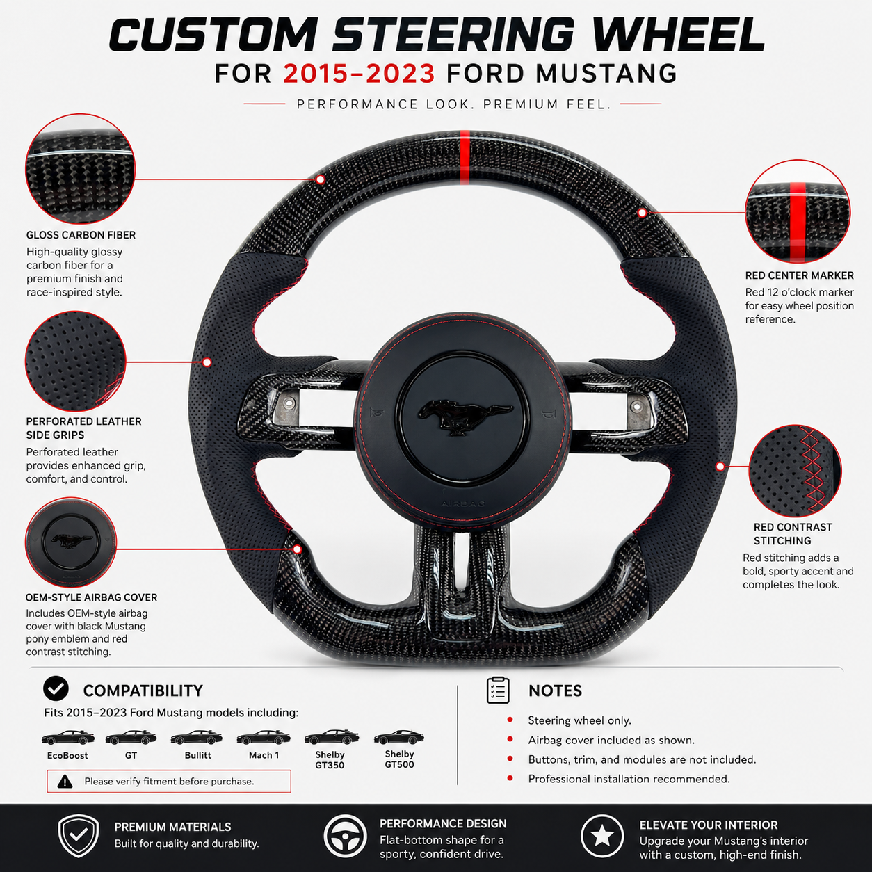 FOR Ford Mustang S550/GT 2015-2023 Carbon Fiber Steering Wheel, Black Carbon Fiber & Black Perforated Leather & Airbag Cover & Red Stripes - CJ Mod Garage & Product Details Image