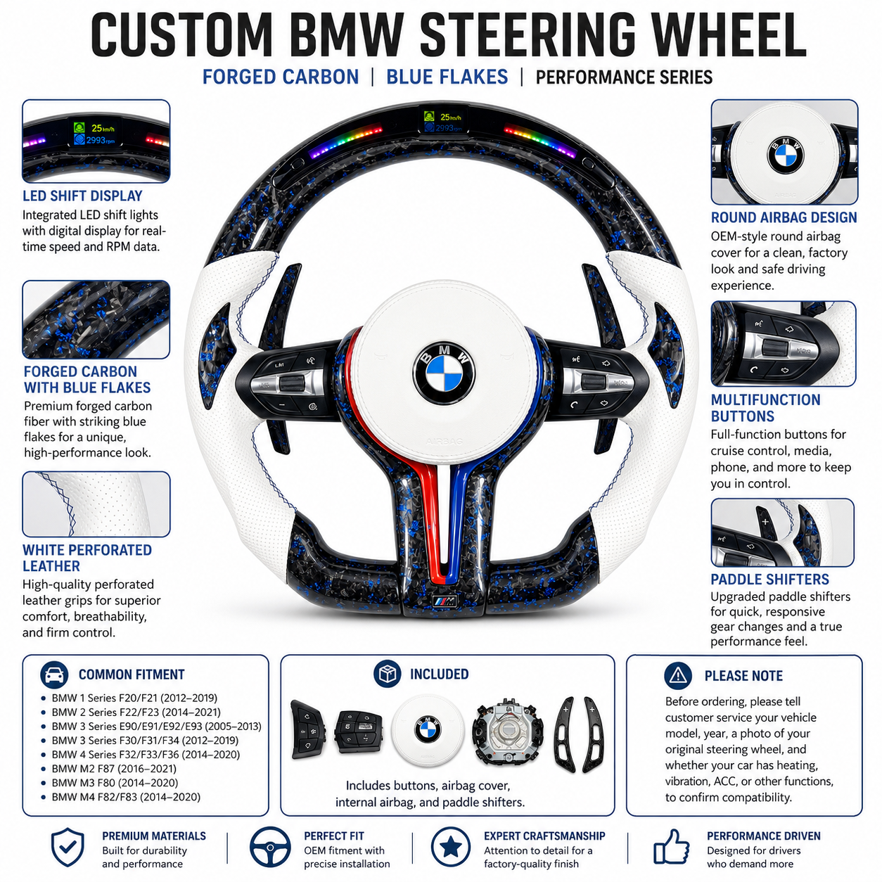 BMW custom forged carbon steering wheel with blue flakes, white perforated leather grips, LED RPM display, and carbon paddle shifters for BMW F10 F11 F15 F18 F20 F23 F25 F30 F32 F35 F40 F80 E84 E87 E90 E92 E93