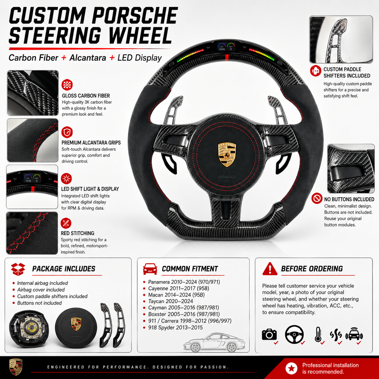 Porsche Premium Carbon Fiber Steering Wheel Featuring Alcantara Side Grips LED Display Airbag Cover and Paddle Shifters for Boxster 987 981 911 Carrera 996 997 CJ Mod Garage