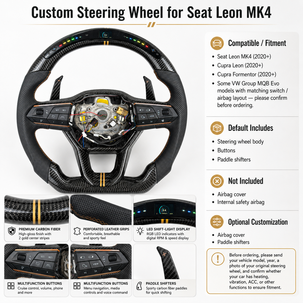 Seat Leon MK4 premium carbon fiber steering wheel featuring perforated leather sections multifunction controls LED display and sport flat bottom design by CJ Mod Garage