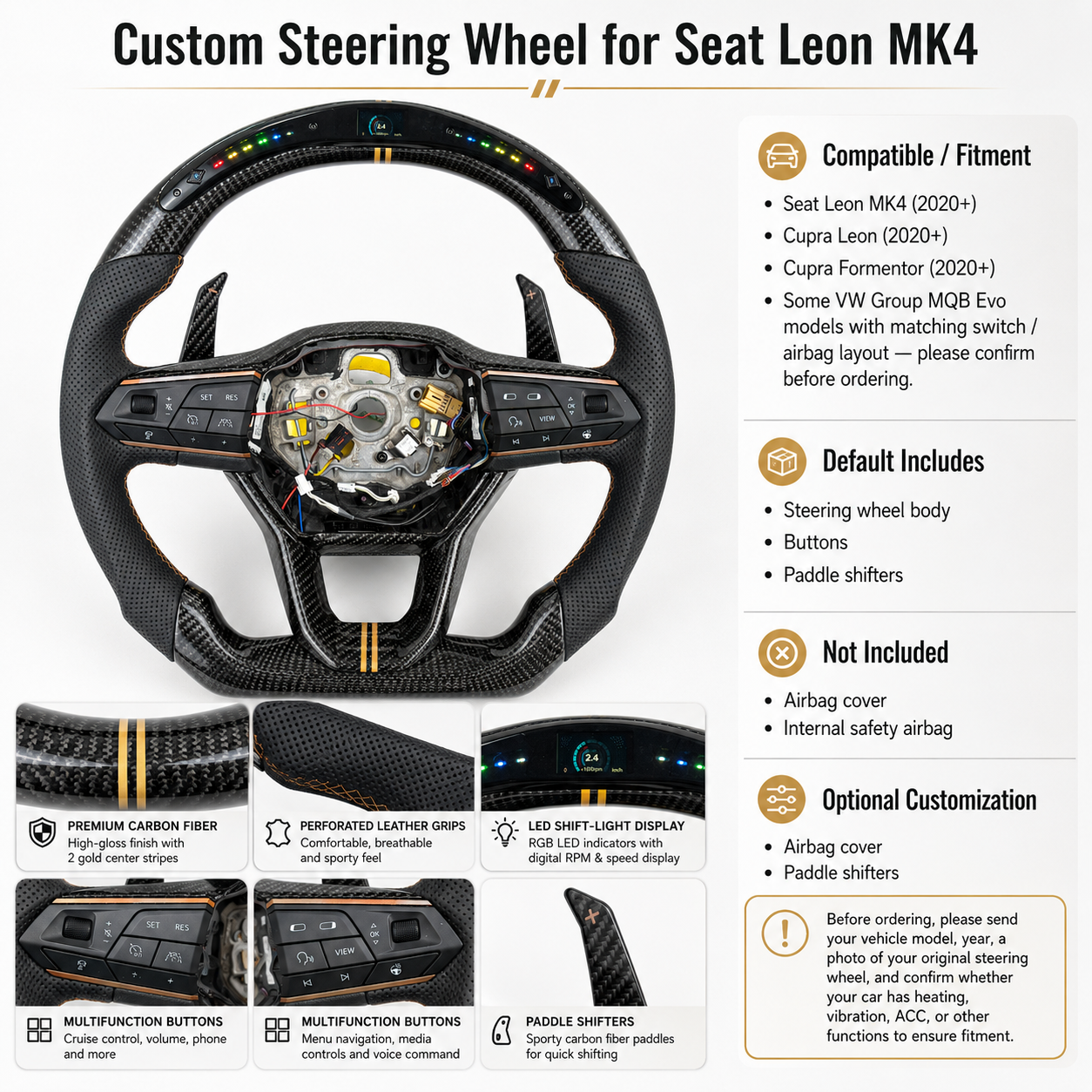 Seat Leon MK4 premium carbon fiber steering wheel featuring perforated leather sections multifunction controls LED display and sport flat bottom design by CJ Mod Garage