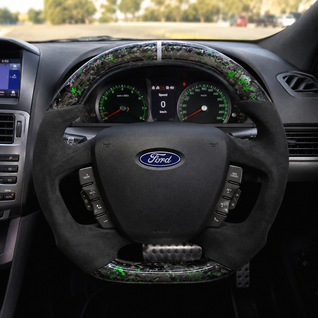Ford Falcon FG XR XR6 XR8 custom steering wheel installed in car with green flake forged carbon white center marker and black Alcantara by CJ Mod Garage