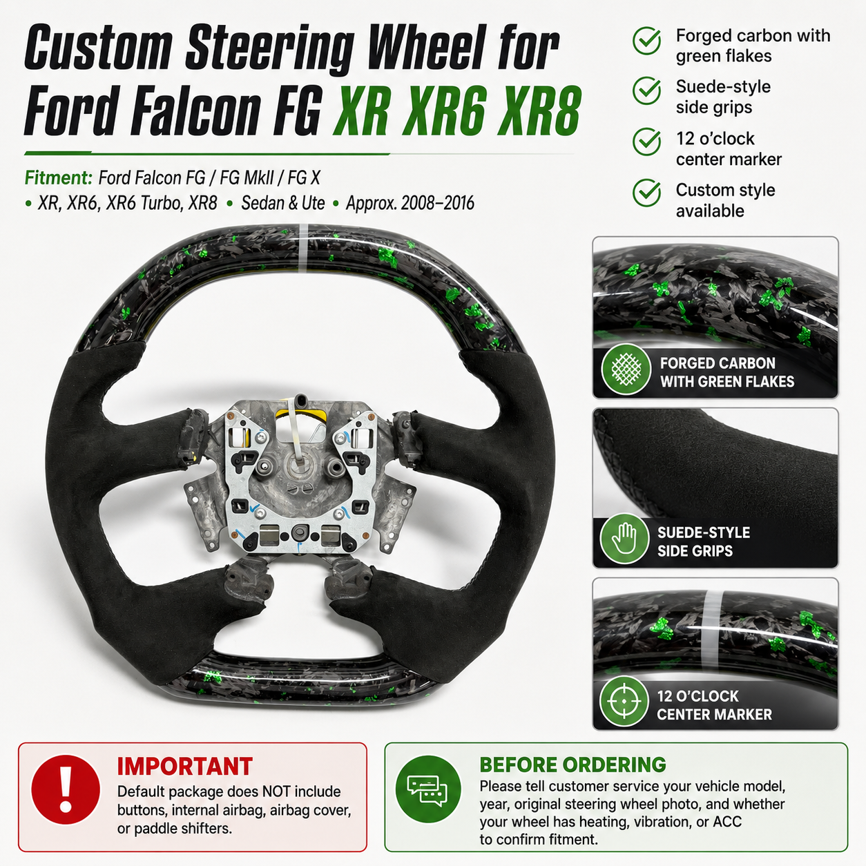 Ford Falcon FG XR XR6 XR8 custom steering wheel infographic showing green flake forged carbon black Alcantara white center marker and sport design by CJ Mod Garage