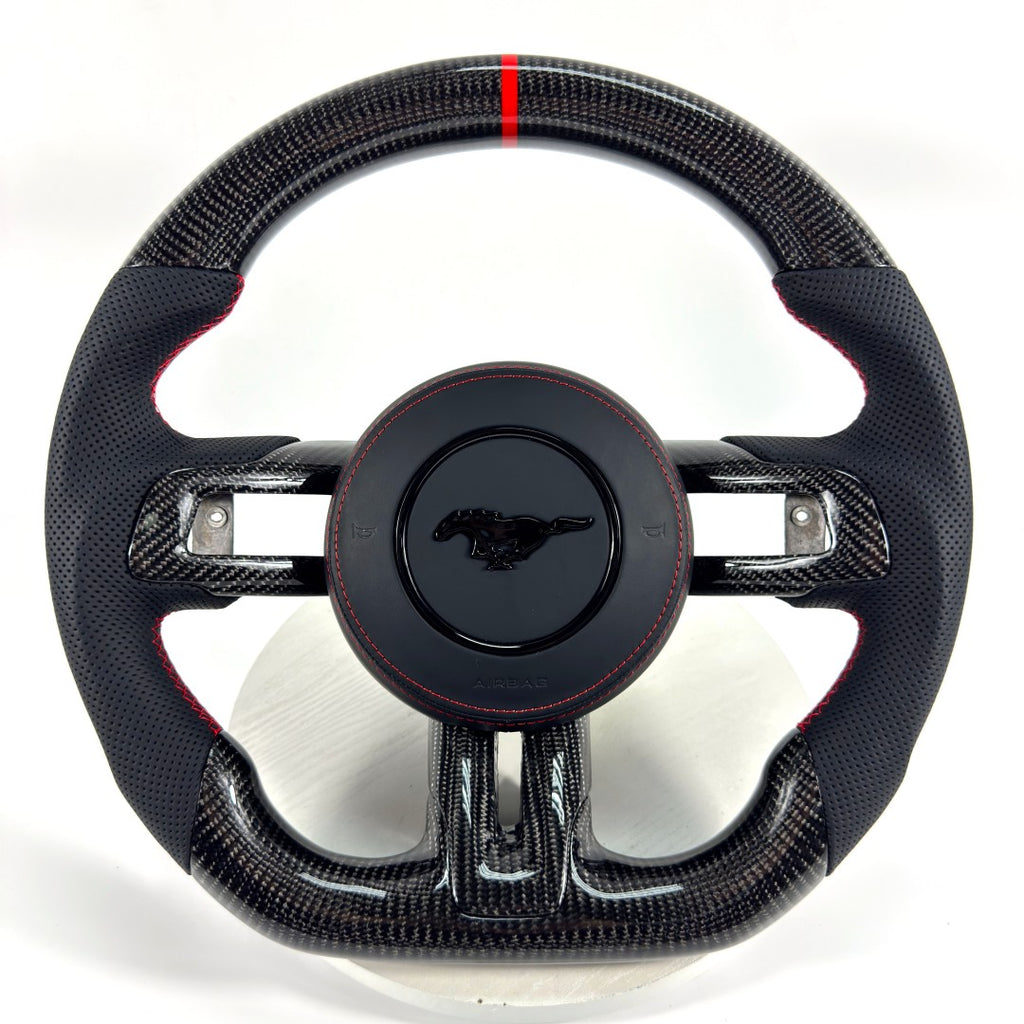 FOR Ford Mustang S550/GT 2015-2023 Carbon Fiber Steering Wheel, Black Carbon Fiber & Black Perforated Leather & Airbag Cover & Red Stripes - CJ Mod Garage