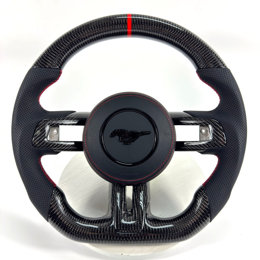 FOR Ford Mustang S550/GT 2015-2023 Carbon Fiber Steering Wheel, Black Carbon Fiber & Black Perforated Leather & Airbag Cover & Red Stripes - CJ Mod Garage