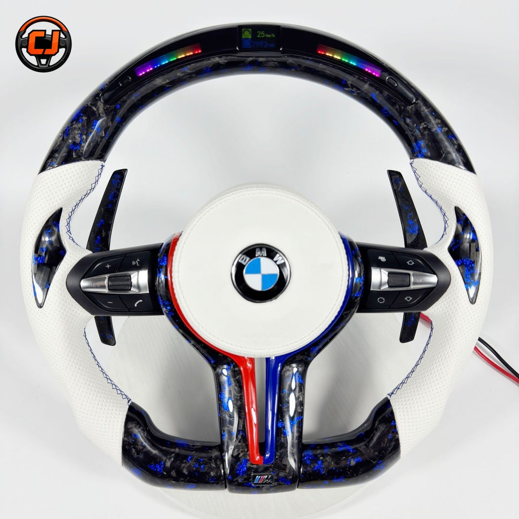 White leather BMW forged carbon fiber steering wheel with blue flake carbon finish, LED shift lights, multifunction buttons, and paddle shifters compatible with BMW F10 F11 F15 F18 F20 F23 F25 F30 F32 F35 F40 F80 E84 E87 E90 E92 E93