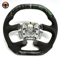 Front view of Ford Falcon FG XR XR6 XR8 custom steering wheel with green flake forged carbon white center marker and black Alcantara by CJ Mod Garage