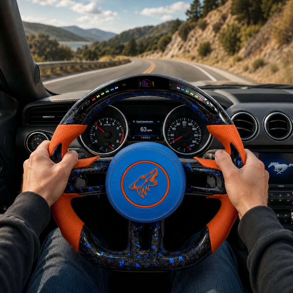 FOR Ford Mustang S550/GT 2015-2023 Carbon Fiber Steering Wheel, Blue Forged Carbon Fiber & Orange Perforated Leather & LED & Airbag Cover - CJ Mod Garage & Driving Scene Images
