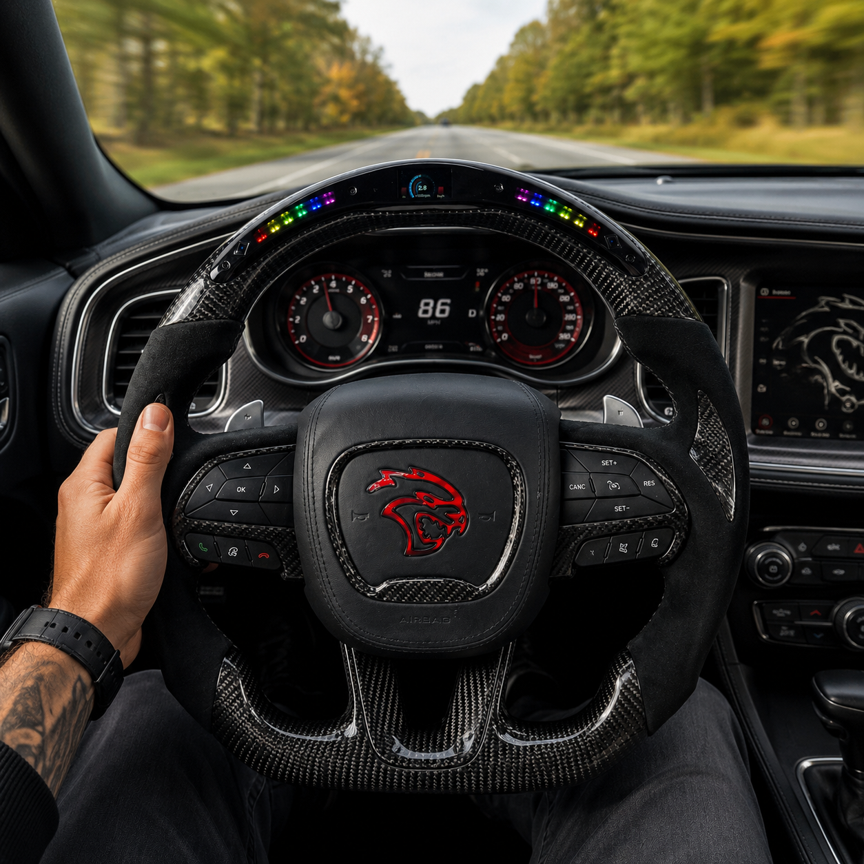 Dodge Charger Hellcat carbon fiber LED steering wheel installed in vehicle interior with Alcantara grips and RGB shift lights