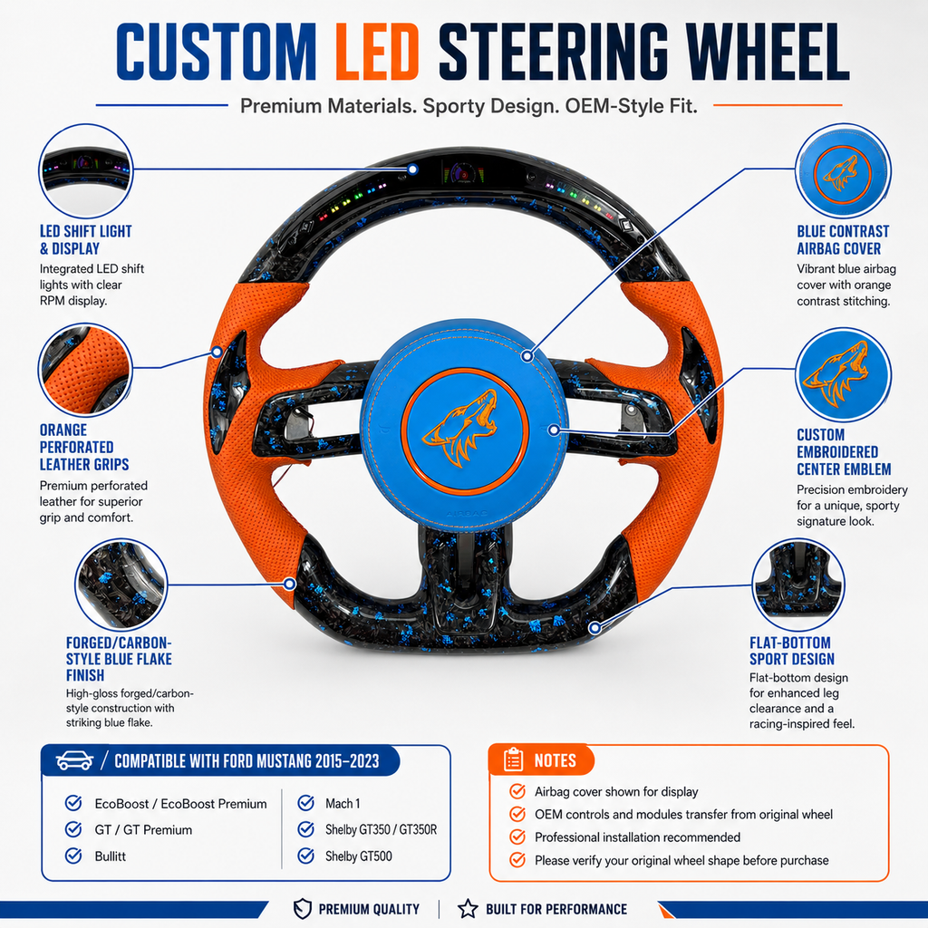 FOR Ford Mustang S550/GT 2015-2023 Carbon Fiber Steering Wheel, Blue Forged Carbon Fiber & Orange Perforated Leather & LED & Airbag Cover - CJ Mod Garage