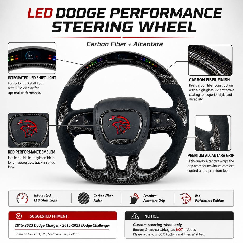 Custom Dodge Challenger Charger Hellcat LED performance steering wheel with carbon fiber finish and Alcantara grip