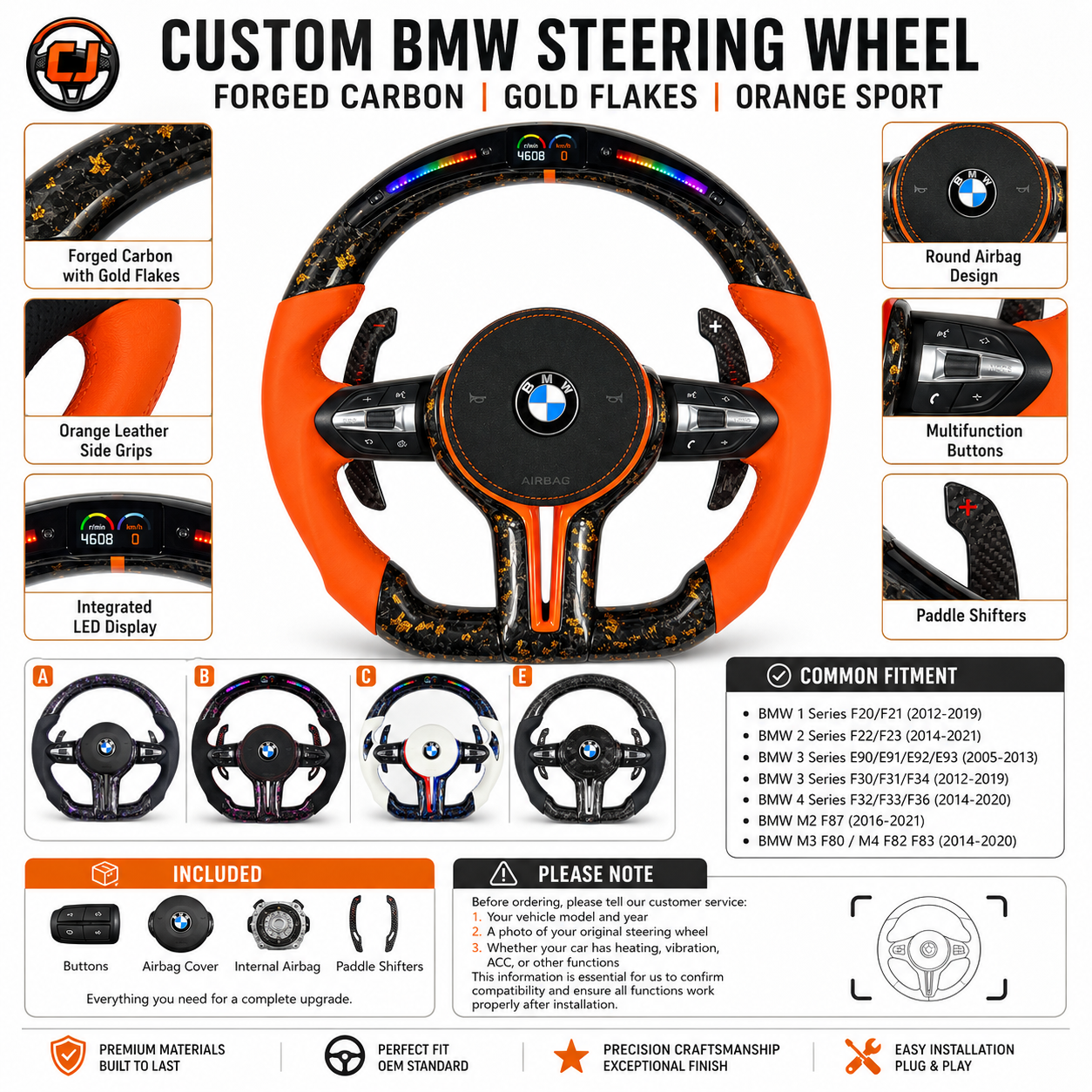 BMW custom forged carbon steering wheel with gold flakes, orange sport leather grips, integrated LED RPM display, multifunction buttons, and carbon paddle shifters for BMW F10 F11 F15 F18 F20 F23 F25 F30 F32 F35 F40 F80 E84 E87 E90 E92 E93