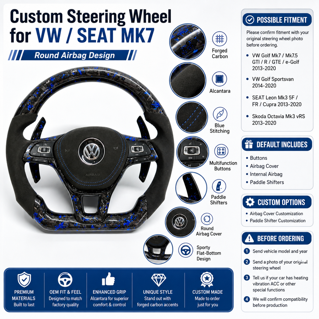 Custom forged carbon steering wheel with blue flakes Alcantara sections multifunction buttons and sport flat bottom for Golf 7 MK7 Passat Touareg Tiguan Polo GTD MK6 R Line CC Jetta by CJ Mod Garage