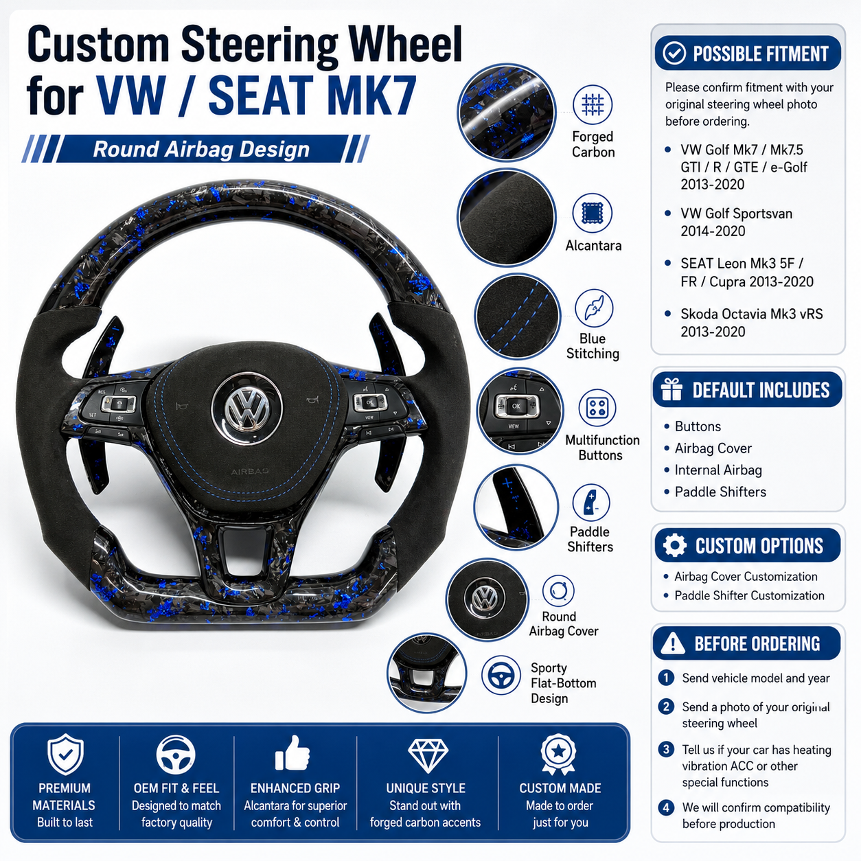Custom forged carbon steering wheel with blue flakes Alcantara sections multifunction buttons and sport flat bottom for Golf 7 MK7 Passat Touareg Tiguan Polo GTD MK6 R Line CC Jetta by CJ Mod Garage