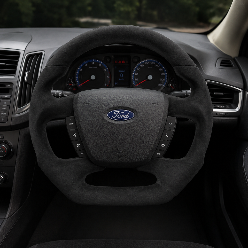 Ford Falcon FG XR XR6 XR8 custom steering wheel installed in car with full black suede style finish and thick sport grip by CJ Mod Garage