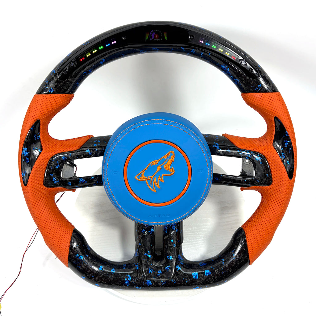 FOR Ford Mustang S550/GT 2015-2023 Carbon Fiber Steering Wheel, Blue Forged Carbon Fiber & Orange Perforated Leather & LED & Airbag Cover - CJ Mod Garage