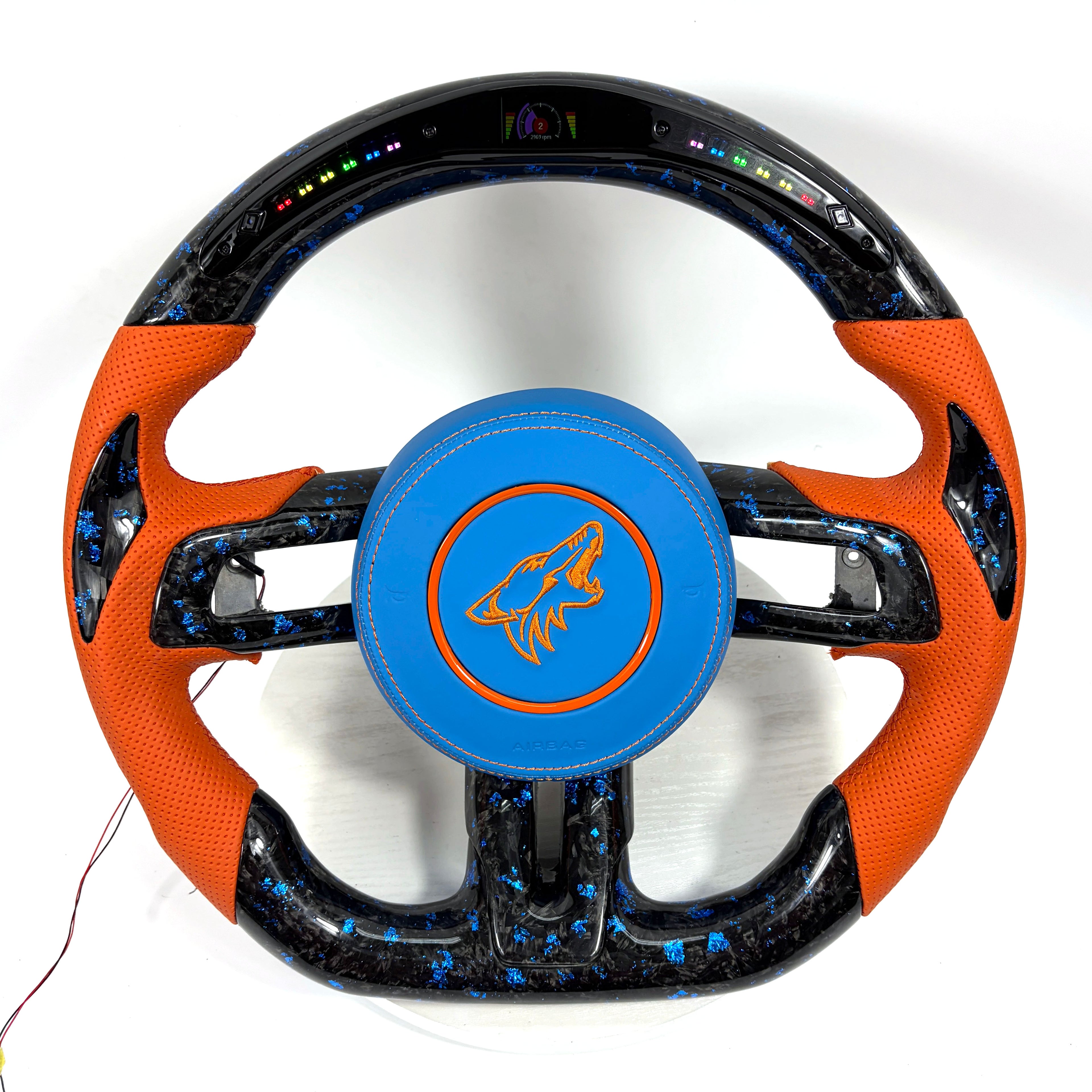 FOR Ford Mustang S550/GT 2015-2023 Carbon Fiber Steering Wheel, Blue Forged Carbon Fiber & Orange Perforated Leather & LED & Airbag Cover - CJ Mod Garage