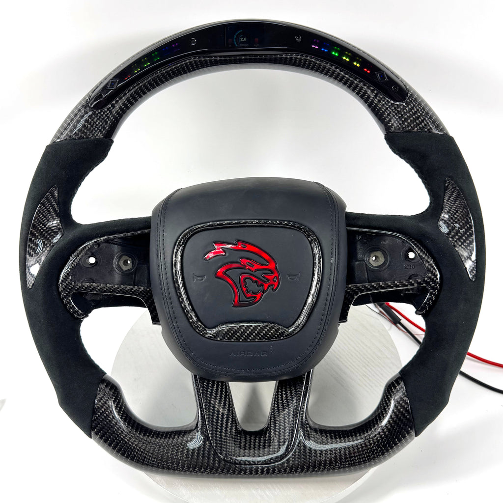 Dodge Hellcat carbon fiber steering wheel with integrated LED shift lights and premium Alcantara wrap
