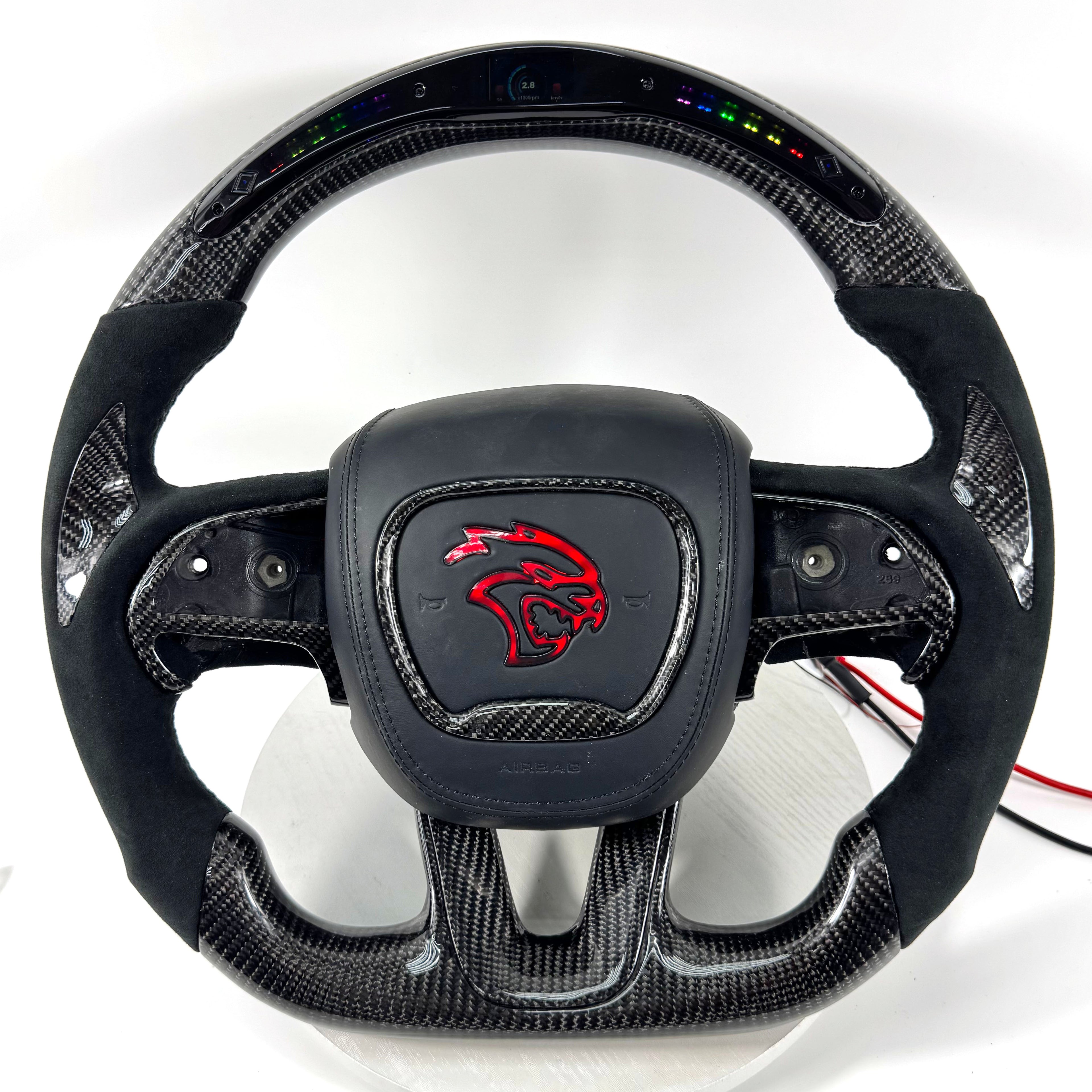 Dodge Hellcat carbon fiber steering wheel with integrated LED shift lights and premium Alcantara wrap