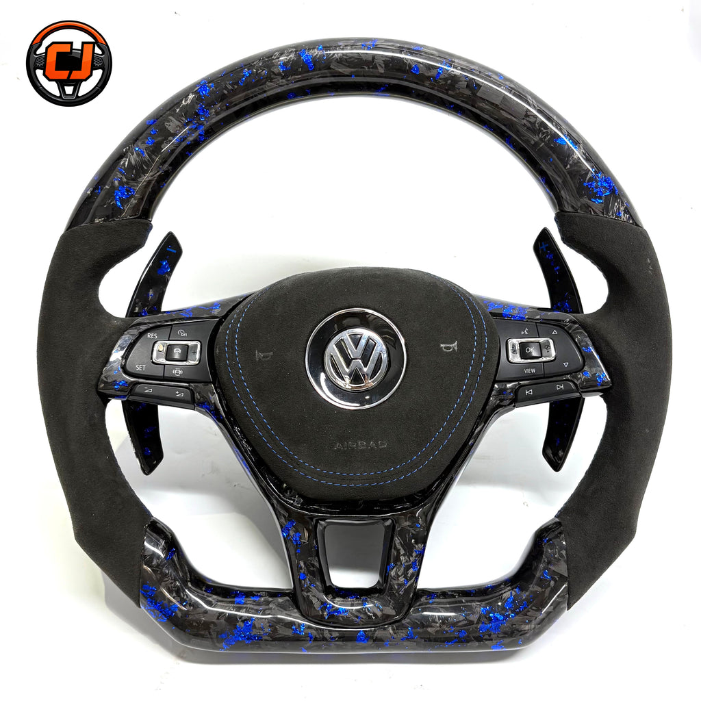 Handcrafted blue forged carbon steering wheel featuring Alcantara airbag cover paddle shifters and OEM controls for Golf 7 MK7 Passat Touareg Tiguan Polo GTD MK6 R Line CC Jetta by CJ Mod Garage