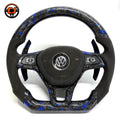 Handcrafted blue forged carbon steering wheel featuring Alcantara airbag cover paddle shifters and OEM controls for Golf 7 MK7 Passat Touareg Tiguan Polo GTD MK6 R Line CC Jetta by CJ Mod Garage