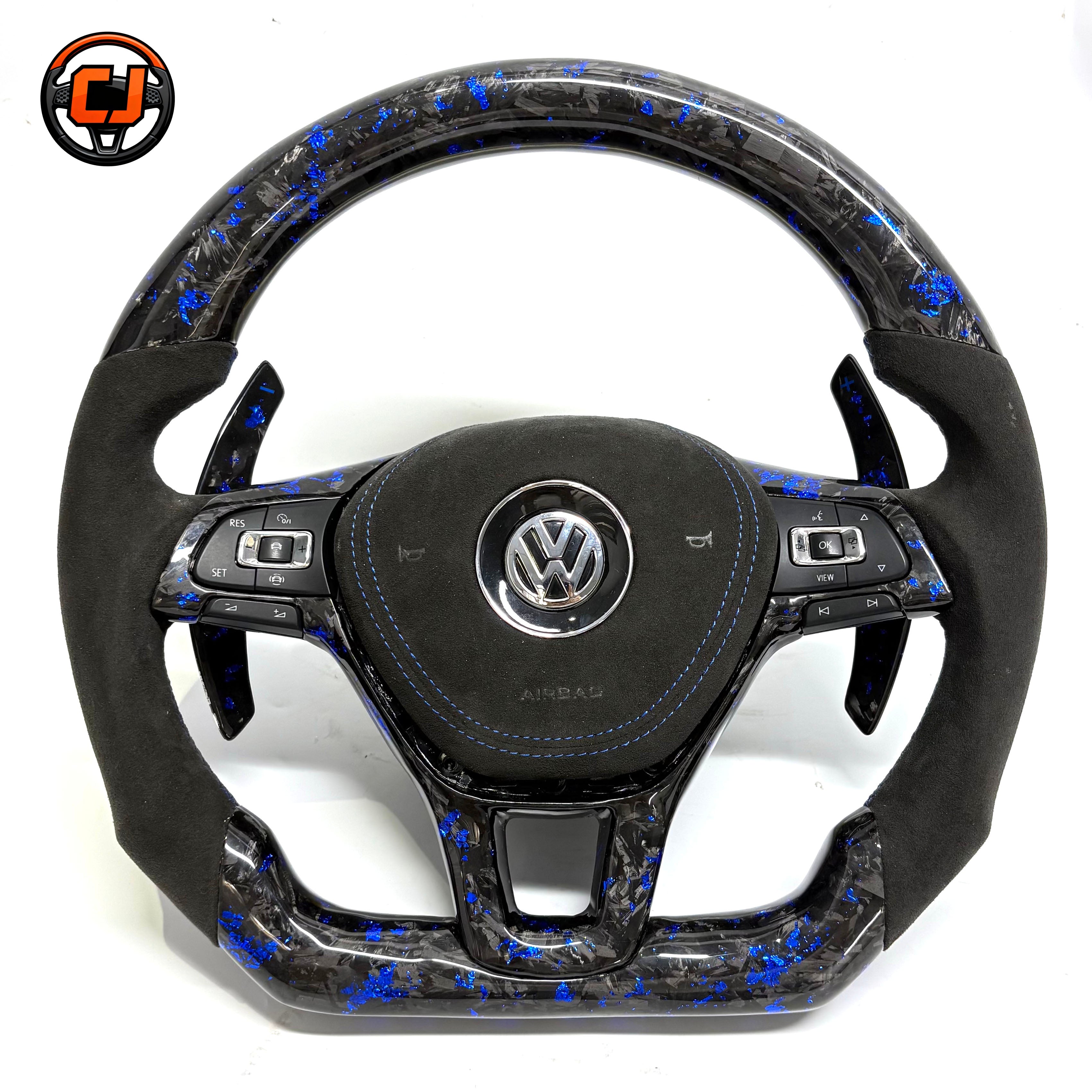 Handcrafted blue forged carbon steering wheel featuring Alcantara airbag cover paddle shifters and OEM controls for Golf 7 MK7 Passat Touareg Tiguan Polo GTD MK6 R Line CC Jetta by CJ Mod Garage