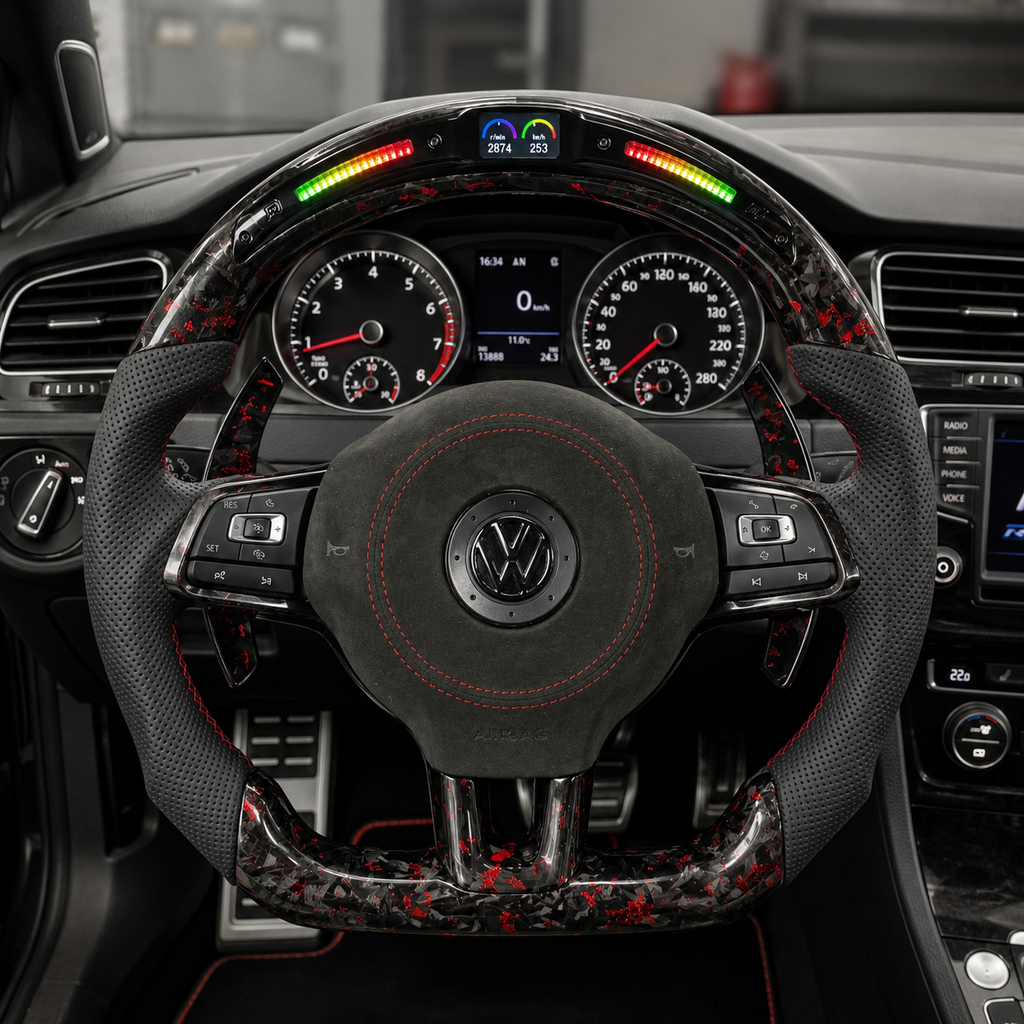 Forged carbon steering wheel with red flakes LED shift display and perforated leather grips installed in Golf 6 MK6 Polo GTD MK7 R Line CC Jetta by CJ Mod Garage