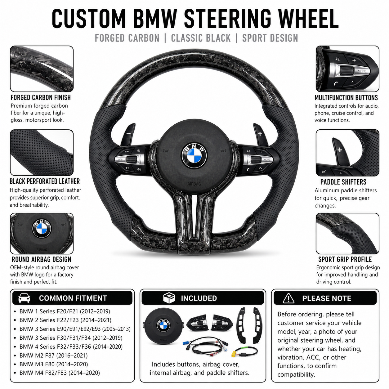 BMW custom forged carbon steering wheel with black perforated leather, multifunction buttons, aluminum paddle shifters, and OEM round airbag design for BMW F10 F11 F15 F18 F20 F23 F25 F30 F32 F35 F40 F80 E84 E87 E90 E92 E93