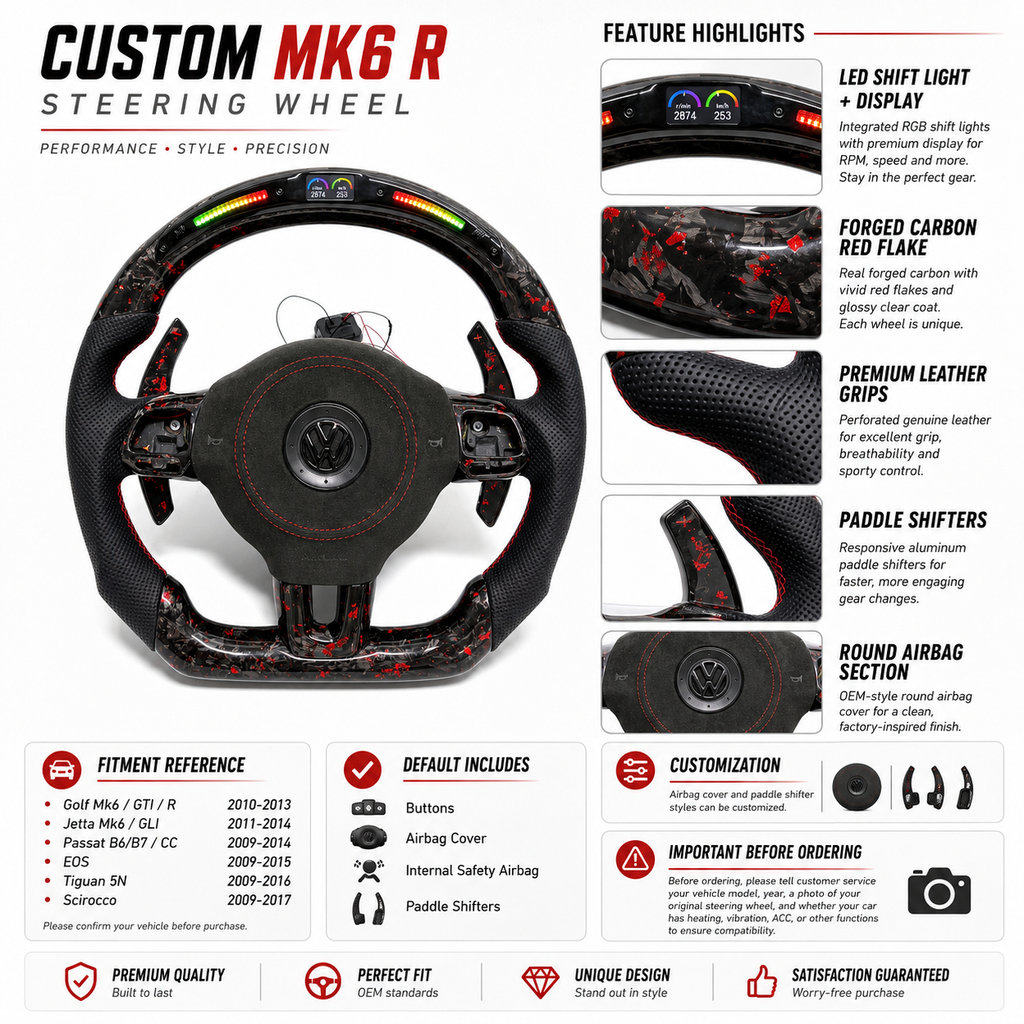 Custom MK6 R steering wheel featuring forged carbon red flake finish LED display paddle shifters and leather grips for Golf 6 MK6 Polo GTD MK7 R Line CC Jetta by CJ Mod Garage