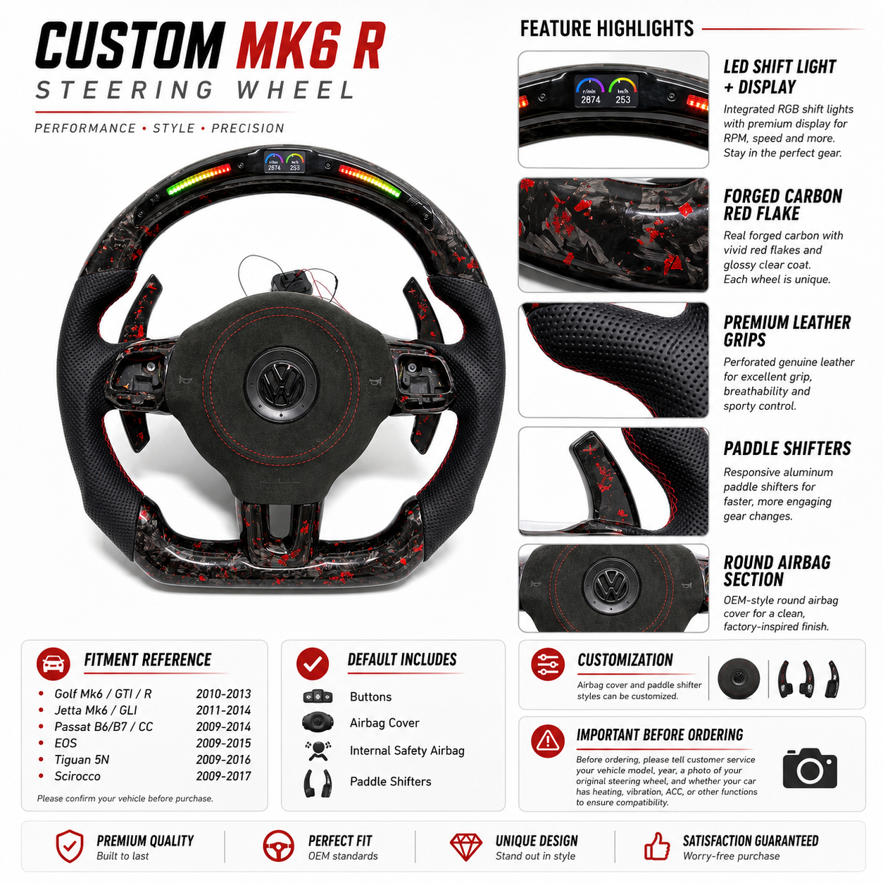 Custom MK6 R steering wheel featuring forged carbon red flake finish LED display paddle shifters and leather grips for Golf 6 MK6 Polo GTD MK7 R Line CC Jetta by CJ Mod Garage