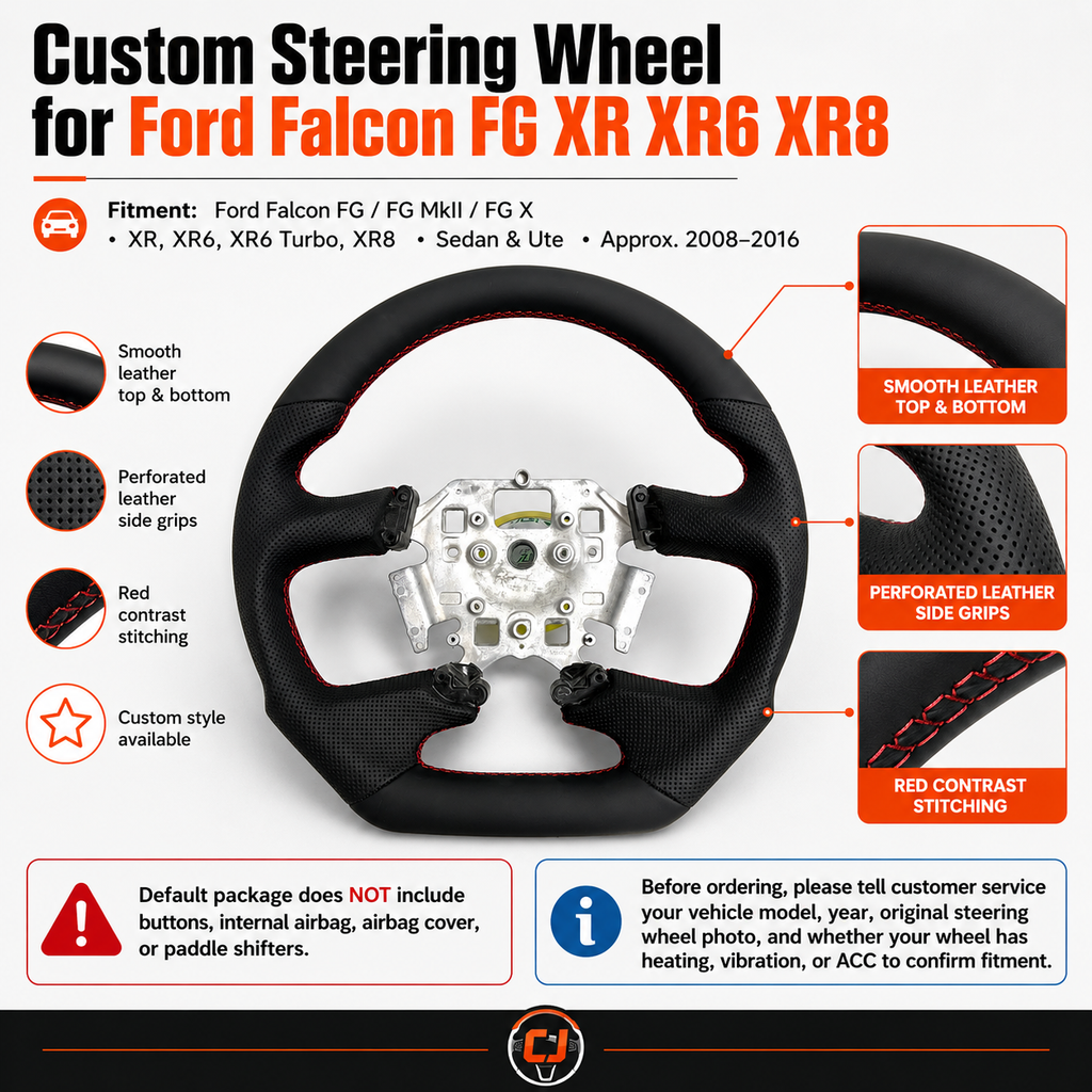Ford Falcon FG XR XR6 XR8 custom steering wheel installed in car with smooth black leather perforated side grips and red stitching by CJ Mod Garage