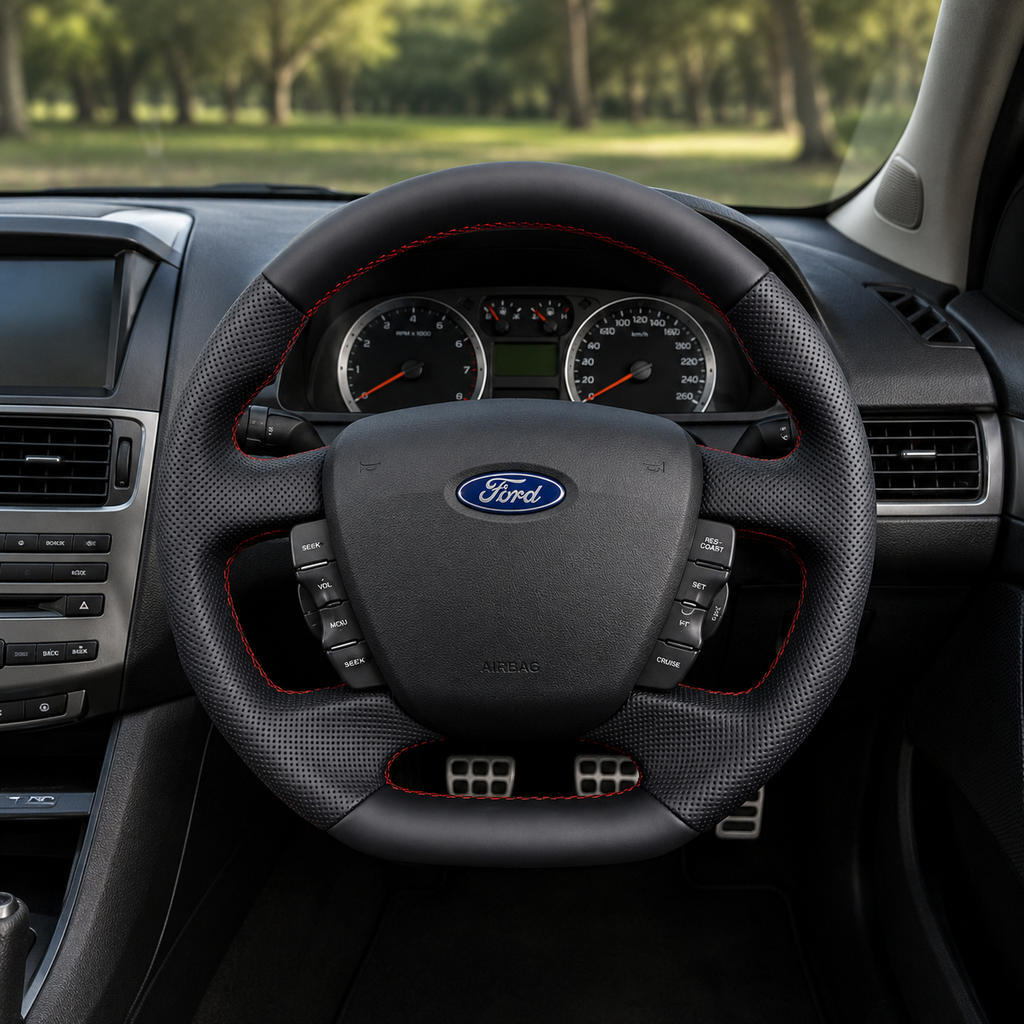 Ford Falcon FG XR XR6 XR8 custom steering wheel infographic showing smooth leather top and bottom black perforated leather and red stitching by CJ Mod Garage