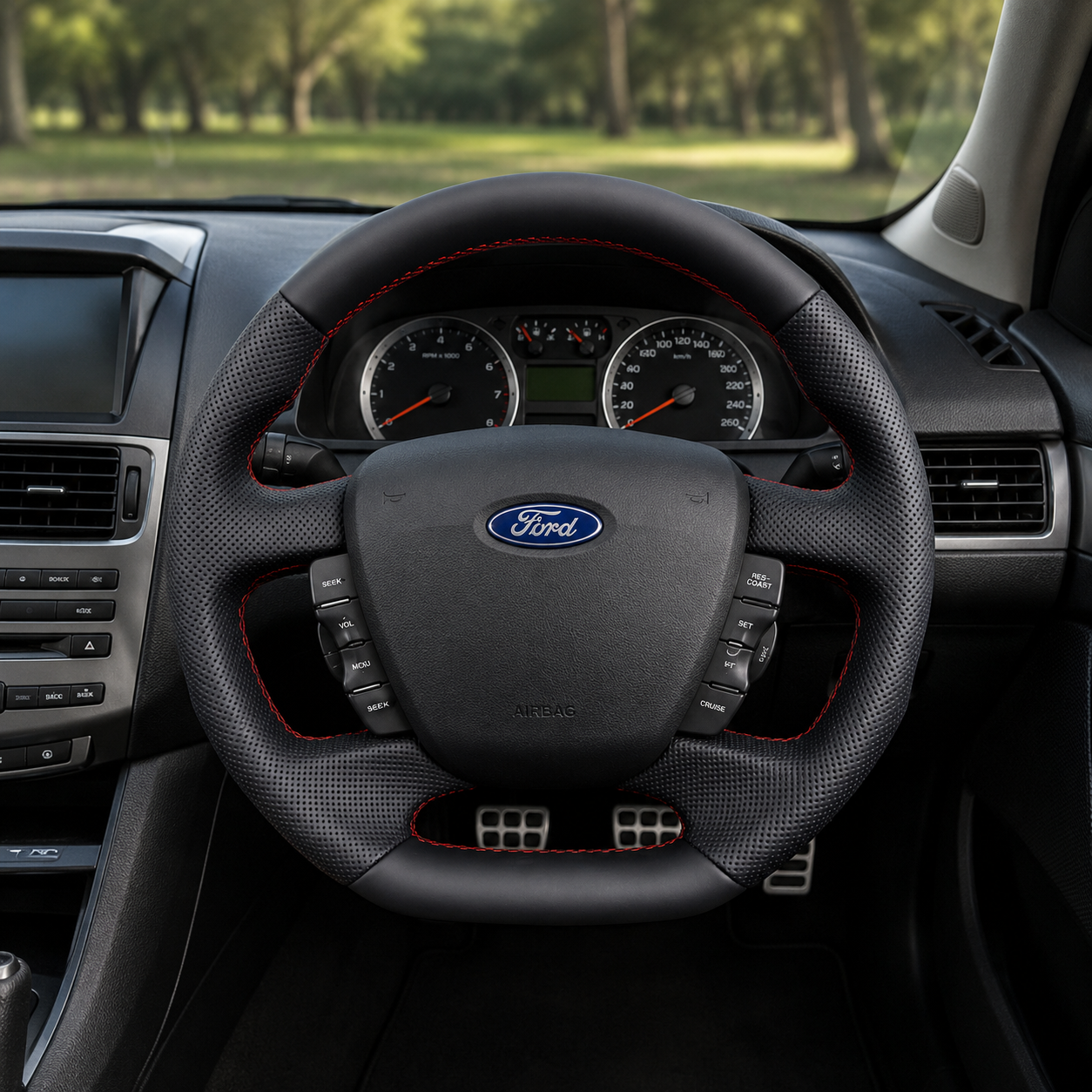 Ford Falcon FG XR XR6 XR8 custom steering wheel infographic showing smooth leather top and bottom black perforated leather and red stitching by CJ Mod Garage
