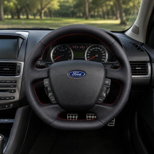Ford Falcon FG XR XR6 XR8 custom steering wheel infographic showing smooth leather top and bottom black perforated leather and red stitching by CJ Mod Garage