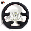Front view of Ford Falcon FG XR XR6 XR8 custom steering wheel with smooth black leather perforated grips and red stitching by CJ Mod Garage
