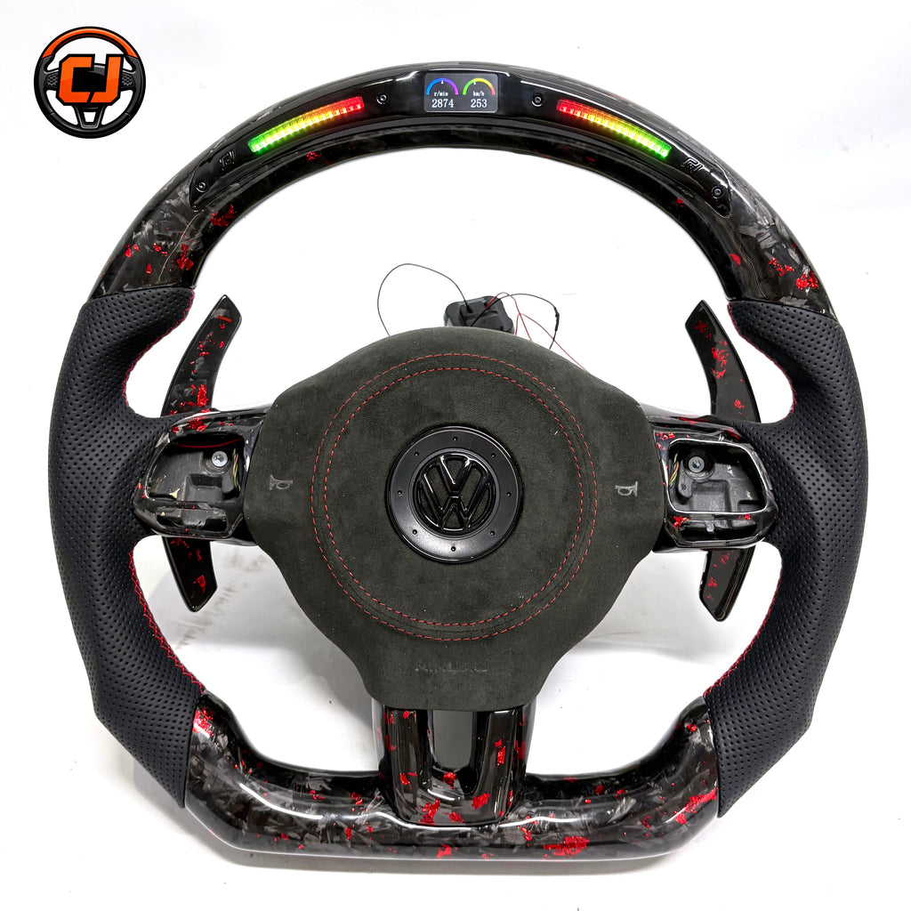 Round airbag forged carbon steering wheel with Alcantara center section LED shift lights and red flake accents for Golf 6 MK6 Polo GTD MK7 R Line CC Jetta by CJ Mod Garage
