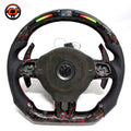 Round airbag forged carbon steering wheel with Alcantara center section LED shift lights and red flake accents for Golf 6 MK6 Polo GTD MK7 R Line CC Jetta by CJ Mod Garage